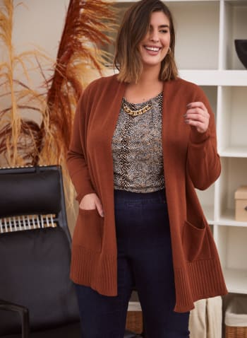Mid-Length Cardigan With Pockets, Tortoise Shell Brown