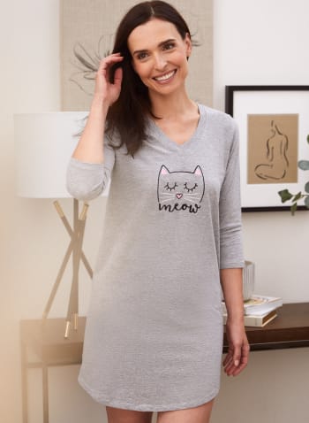 Embroidered Cat Nightshirt, Grey Pattern