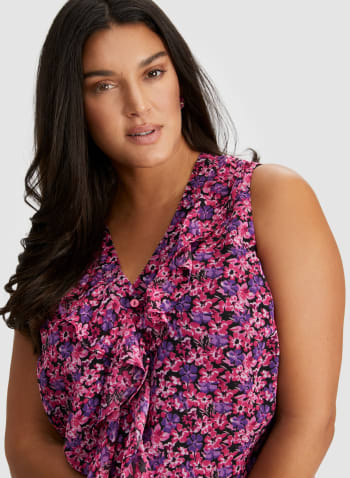Floral Print Sleeveless Ruffle Blouse, Purple Pattern