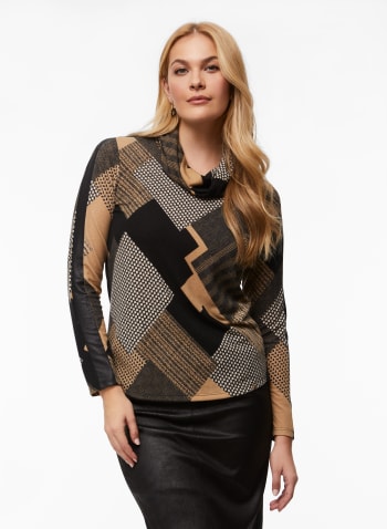 Patchwork Print Sweater, Brown