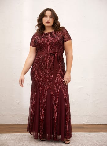Belted Sequin Mesh Dress, Medium Red