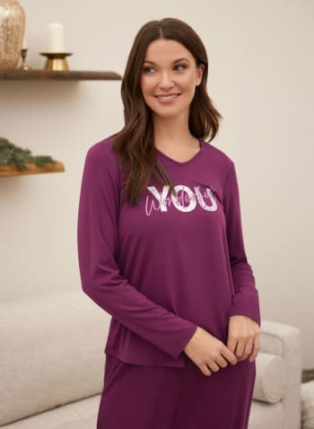 Slogan V-Neck Pyjama Top, Purple