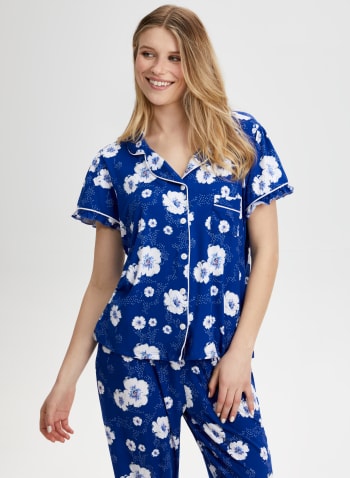 Ensemble pyjama haut et capri à motif floral, Motif bleu