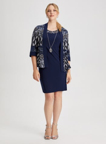 Mixed Print Jacket, Dress & Necklace Set, Blue Pattern