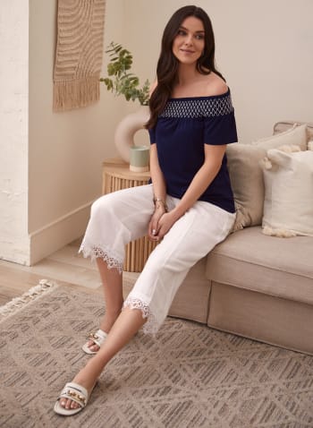 Embroidered Off-the-Shoulder Tee, Blue