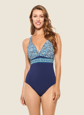 Christina - Dotted Print One-Piece Swimsuit, Blue Pattern
