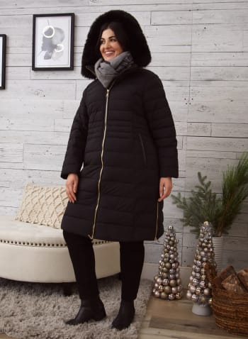 Stretch Vegan Down Quilted Coat, Black