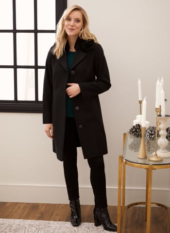 Button Front Stretch Wool Blend Coat, Black