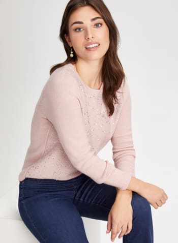 Mini Sequin Crewneck Sweater, Pink Grapefruit