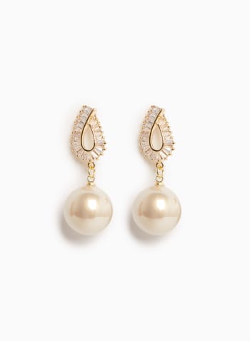 Crystal Baguette & Pearl Earrings, Gold