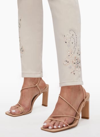Embellished Floral Embroidery Jeans, Stone 