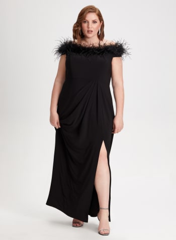 Feather Trim Off-The-Shoulder Dress, Black