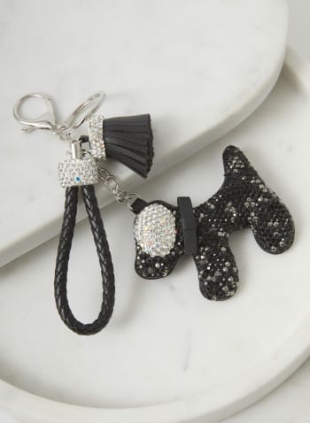 Porte-clés chien et pompon à cristaux, Noir