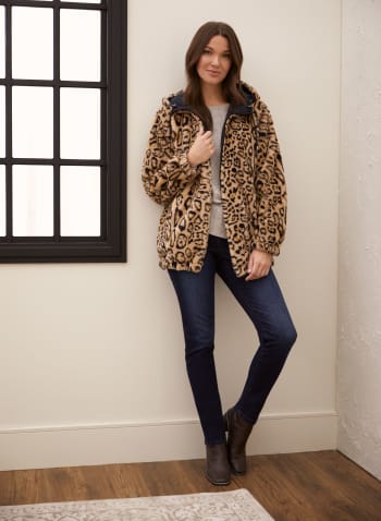 Manteau réversible en fausse fourrure léopard, Bleu