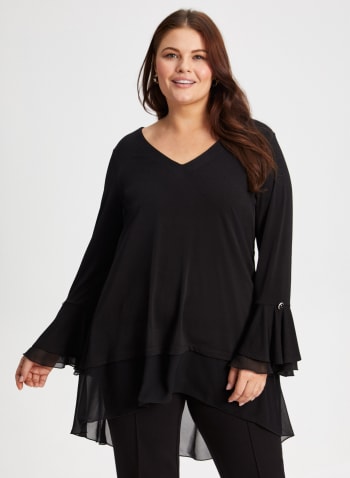 Button Detail Flare Sleeve Top, Black