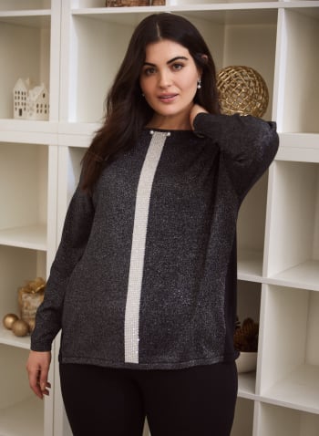 Embellished Tunic Sweater, Black Pattern