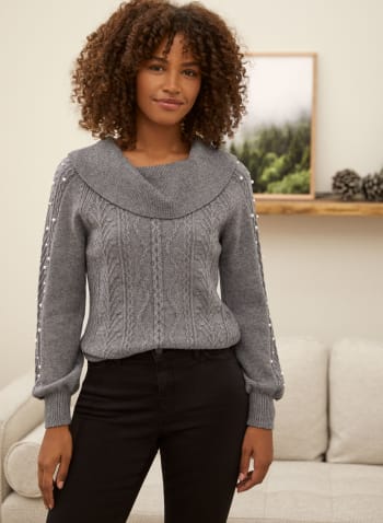Pearl Detail Cable Knit Sweater, Medium Grey Mix