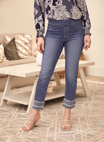 Embroidered Detail Pull-On Jeans, Blue