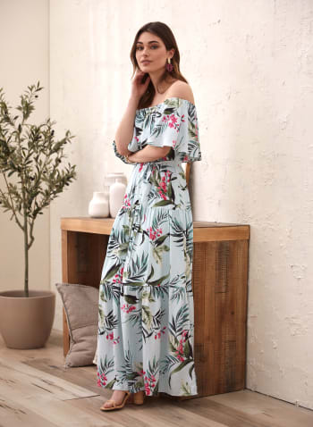 Tropical Print Maxi Dress, Green Pattern