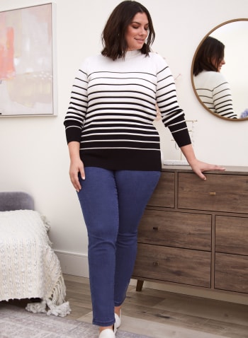 Button Detail Stripe Print Sweater, White Pattern
