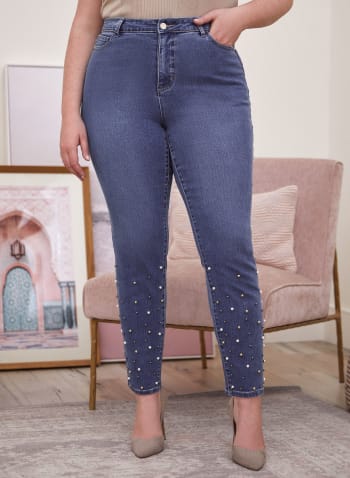 Pearl Detail Slim Leg Jeans, Pale Blue