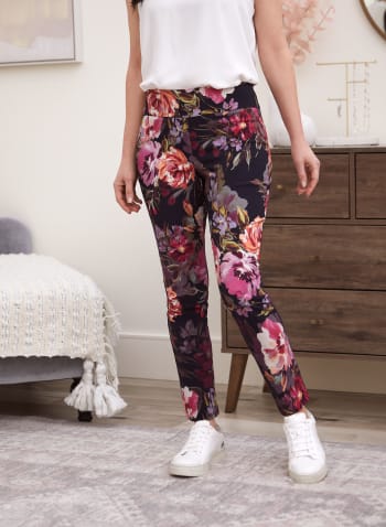 Floral Print Pull-On Pants, Black Pattern
