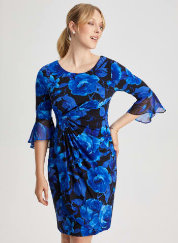 Flounce Sleeve Floral Dress, Cool Blue