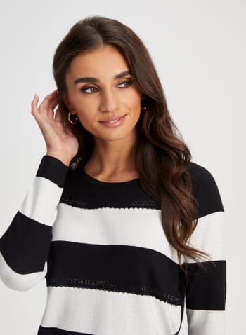Rhinestone Detail Striped Sweater, Black & White