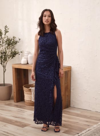 Flounce & Sequin Detail Dress, Blue