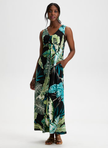 Tropical Print Maxi Dress, Black Pattern