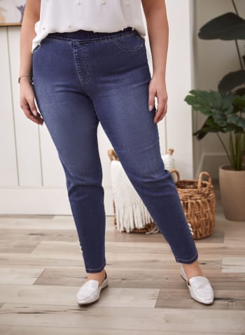 Pearl Detail Slim Leg Jeans, Pale Blue