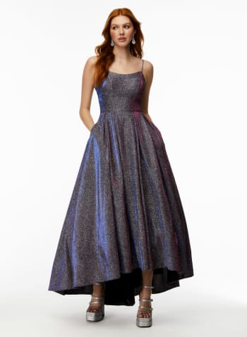 Gracie Long Glitter Cowl Neck Back Dress | Betsy & Adam | Dress backs, Galaxy  dress, Drape gowns