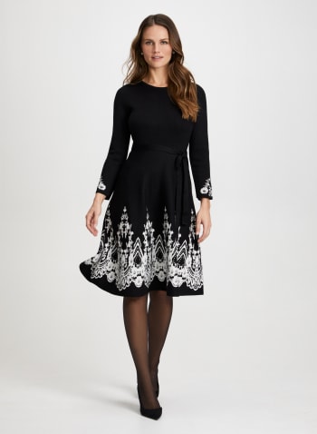 Paisley Motif Sweater Dress, Black & White