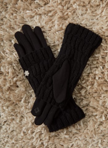 Stone Detail Knit Gloves, Black