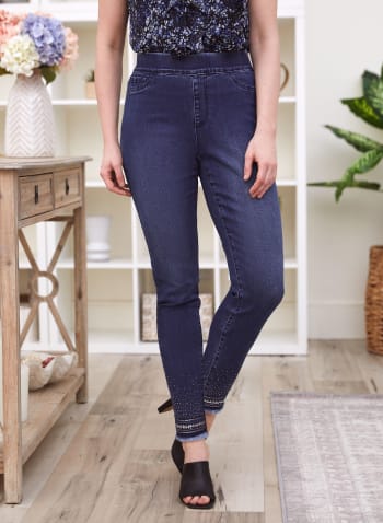 Embroidered Pull-On Jeans, Blue
