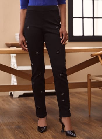 Rhinestone Detail Pull-On Jeans, Black