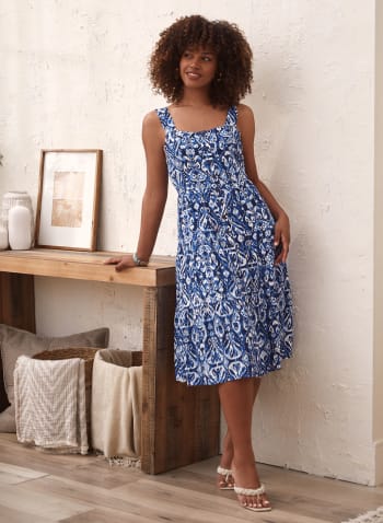 Abstract Button Front Midi Dress, Blue Pattern