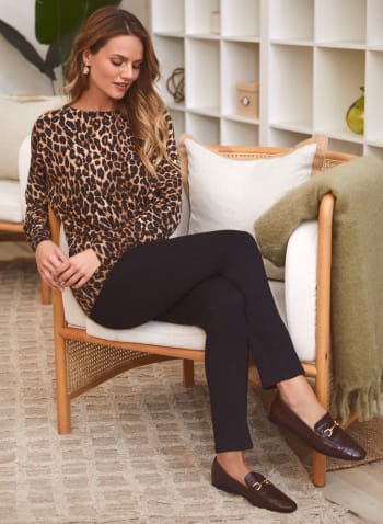 Dolman Sleeve Leopard Print Sweater, Black