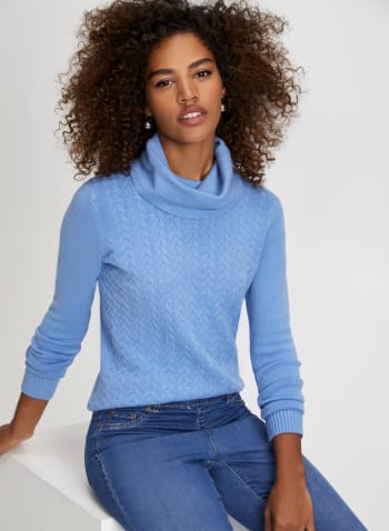 Cowl Neck Cable Knit Sweater, Powder Blue 