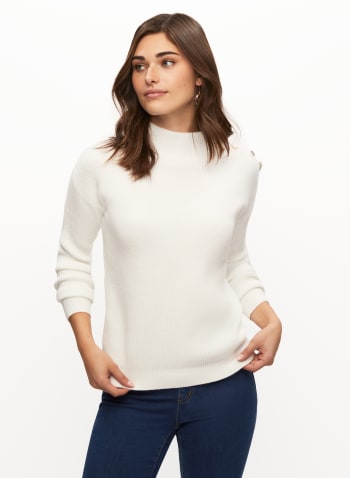 Jewelled Button Mock Neck Sweater, Ivory