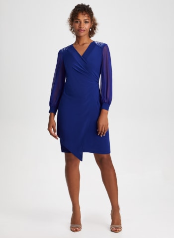Shoulder Embellished Wrap Style Dress, Cool Blue