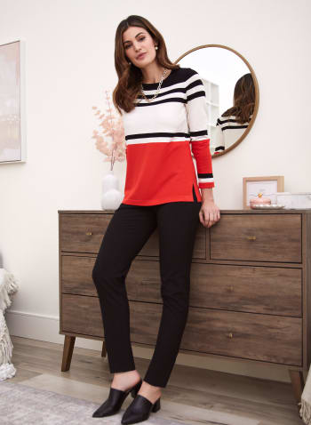 Long Sleeve Stripe Print Sweater, Red