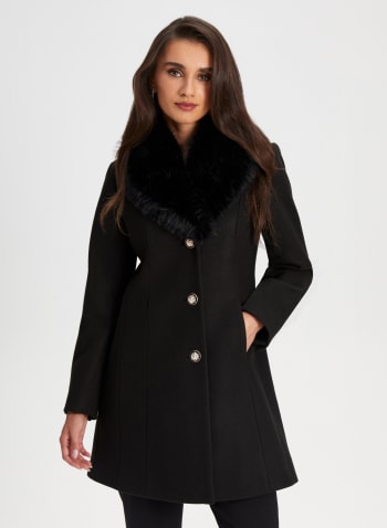 Button Front Wool Blend Coat, Black