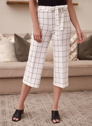 Grid Print Belted Gaucho Pants, White Pattern