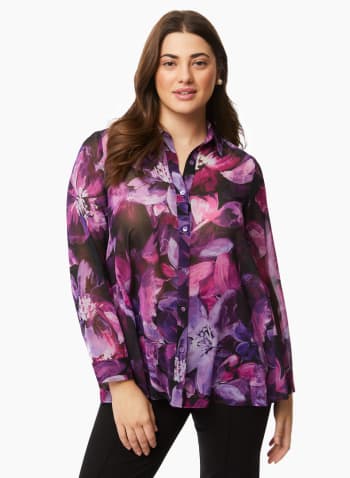 Floral Print Button-Up Blouse, Purple Pattern