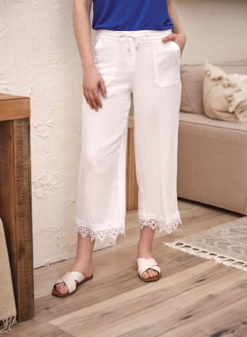 Linen Blend Lace Trim Pants, White