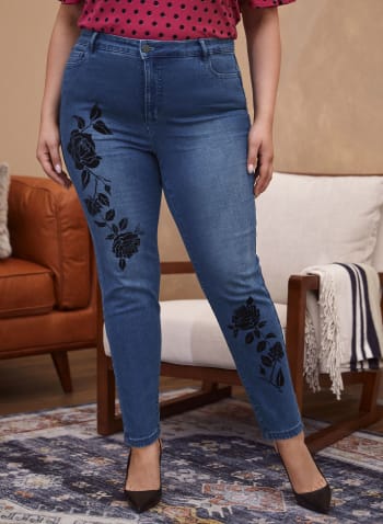 Floral Velour Applique Jeans, Blue