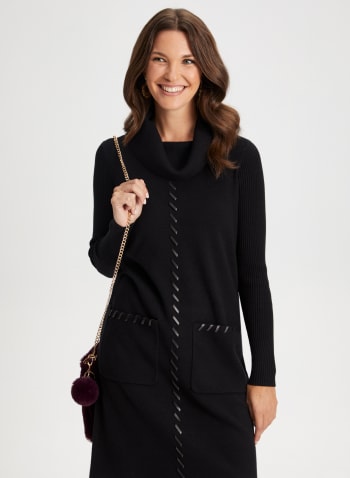 Vegan Leather Detail Sweater Dress, Black