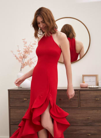 Halter Neck Ruffle Dress, Red