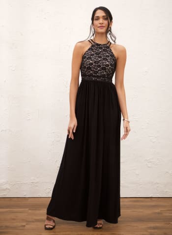 Sequin & Lace Halter Dress, Black